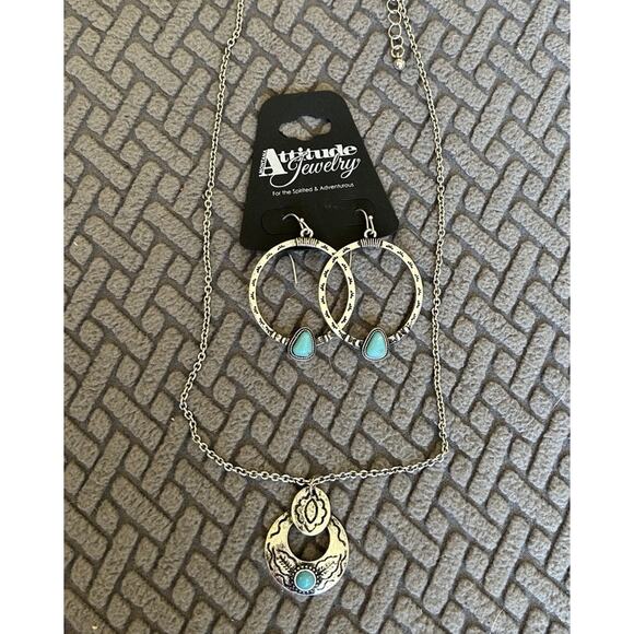 Attitude Jewelry Montana Silversmiths Hoop Earrings & Necklace Turquoise Western - Picture 1 of 10
